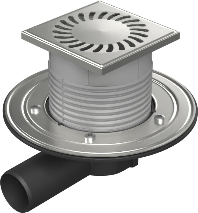 Floor drain with side outlet D50, stainless steel flange, frame, grid SUN