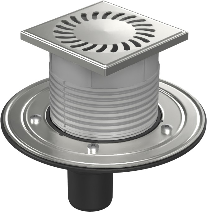 Floor drain with bottom outlet D50, stainless steel flange, grid SUN