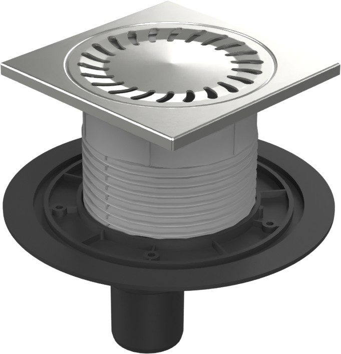Floor drain with bottom outlet D50, stainless steel frame, grid SUN 150