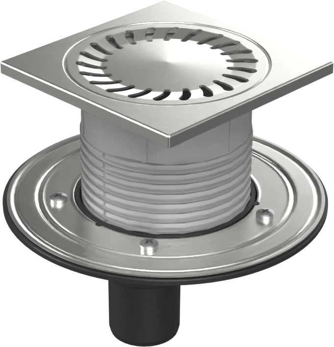Floor drain with bottom outlet D50, stainless steel flange, frame, grid SUN 150