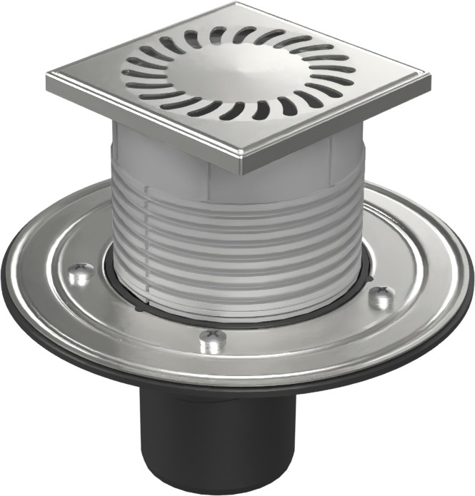 Floor drain with bottom outlet D75, stainless steel flange, grid SUN