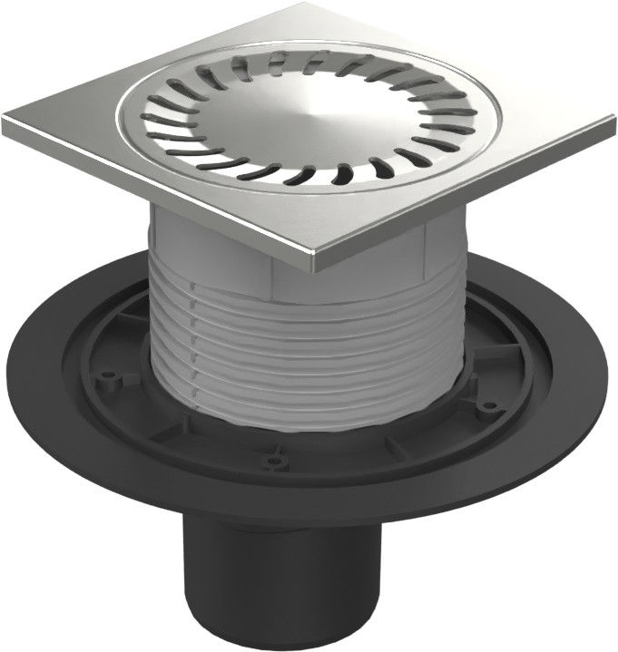 Floor drain with bottom outlet D75, stainless steel frame, grid SUN 150