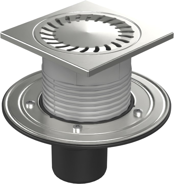 Floor drain with bottom outlet D75, stainless steel flange, frame, grid SUN 150