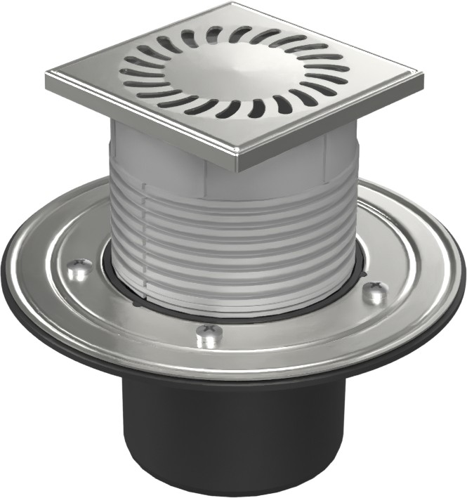 Floor drain with bottom outlet D110, stainless steel flange, frame, grid SUN