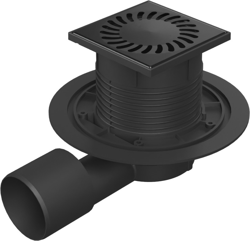 Floor drain with side outlet black D50/75, stainless steel grid SUN black