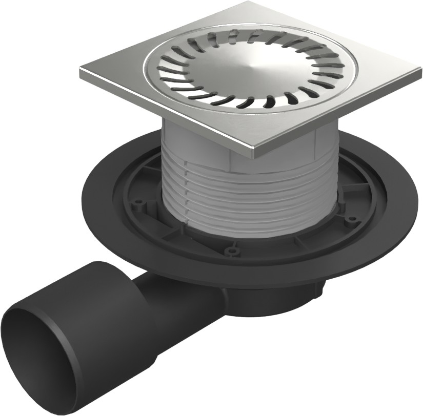 Floor drain with side outlet D50/75, NEPTUN, stainless steel frame, grid SUN