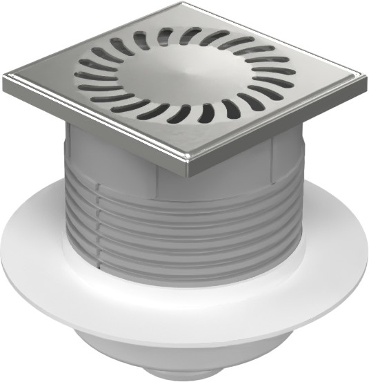 Floor drain with bottom outlet D50, NEPTUN, collar, stainless steel grid SUN