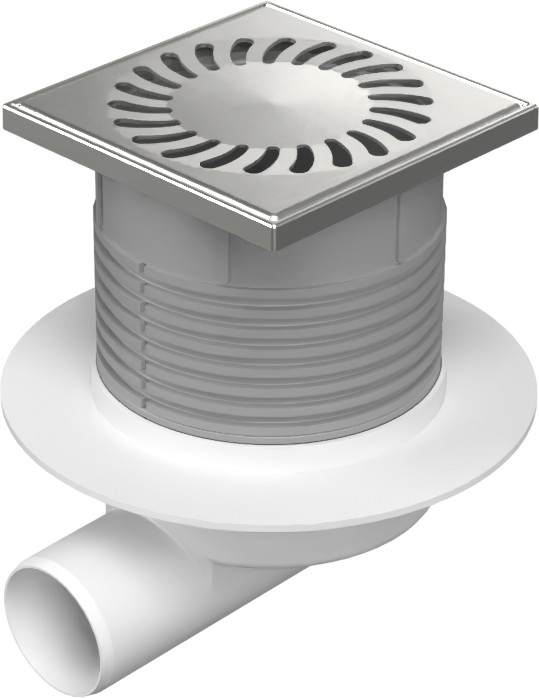 Floor drain with side outlet D50, NEPTUN, collar, stainless steel frame, grid SUN 125