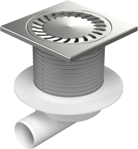 Floor drain with side outlet D50, collar, stainless steel frame, grid SUN