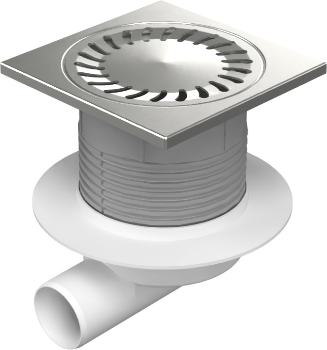 Floor drain with side outlet D50, NEPTUN, collar, stainless steel frame, grid SUN 150