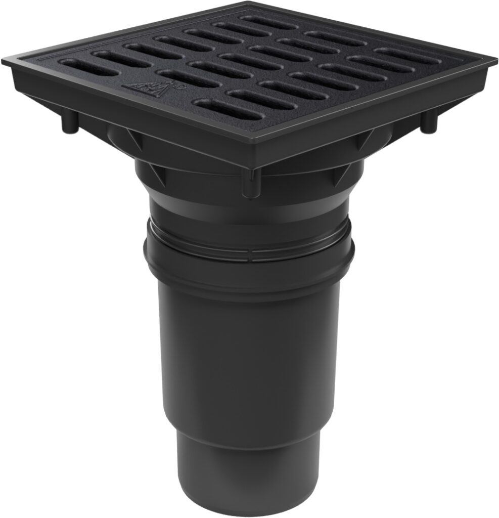 Bottom street drain, outlet D110-250 water flap, cast iron grid SPACE