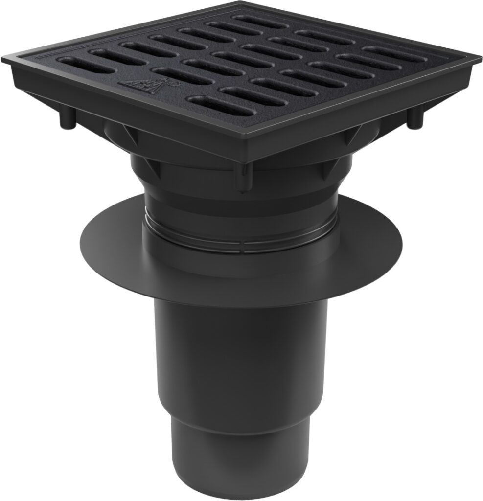 Bottom street drain, outlet D110-250 dry flap, collar, cast iron grid SPACE