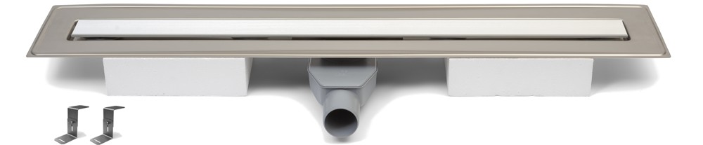 Stainless steel linear floor drain, 700mm, swivel side siphon D50, stainless steel plate