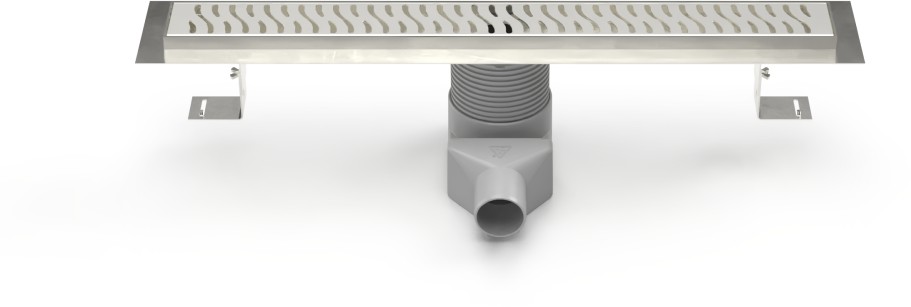 Stainless steel linear floor drain, side outlet D50, plastic siphone, 750mm, Harmony grid gloss