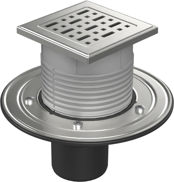 Floor drain with bottom outlet D75, stainless steel flange, grid FACE
