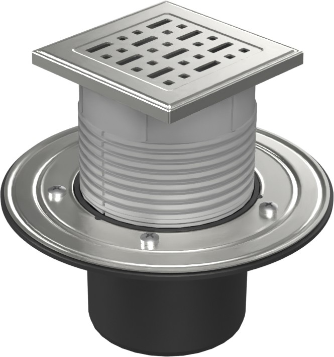 Floor drain with bottom outlet D110, stainless steel flange, frame, grid FACE