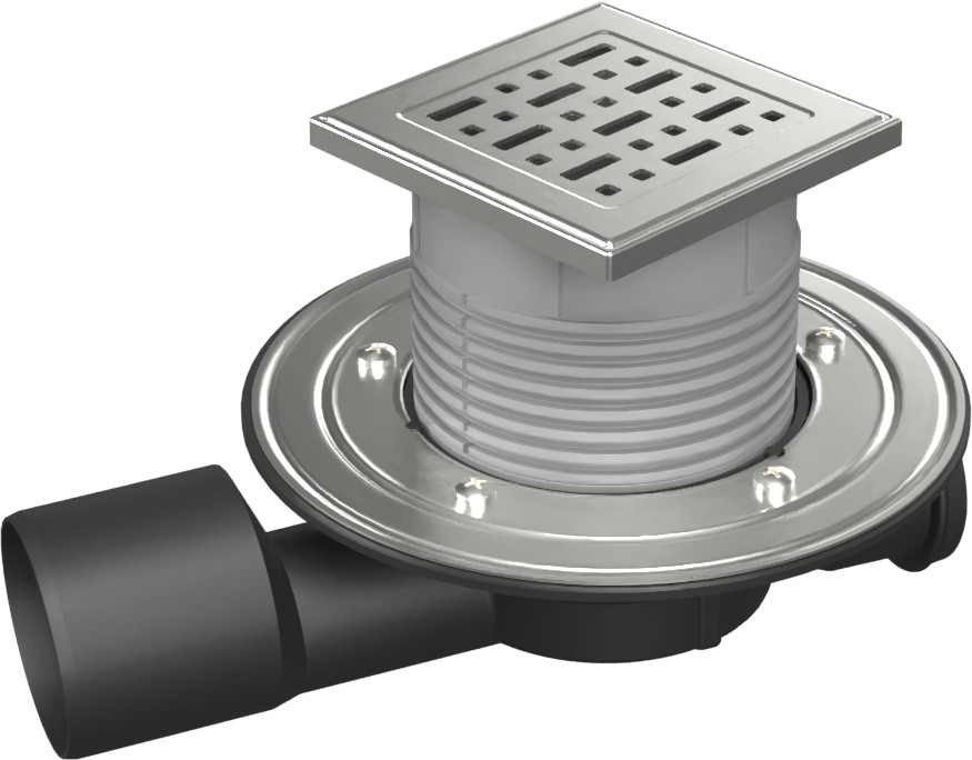 Multi-inlet floor drain, side outlet D50/75, NEPTUNE, stainless steel flange, frame, grid FACE