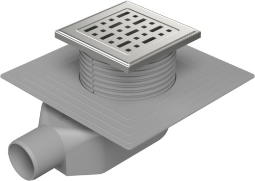 Floor drain-low with side outlet D50, collar, stainless steel grid FACE