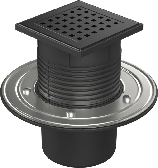 Floor drain with bottom outlet black D110, stainless steel flange, grid GATE black