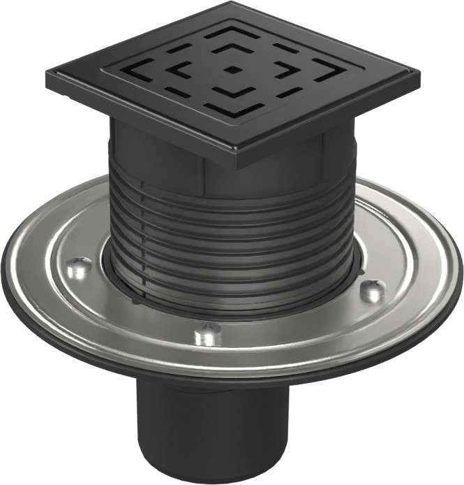 Floor drain with bottom outlet black D75, stainless steel flange, grid LABYRINTH black