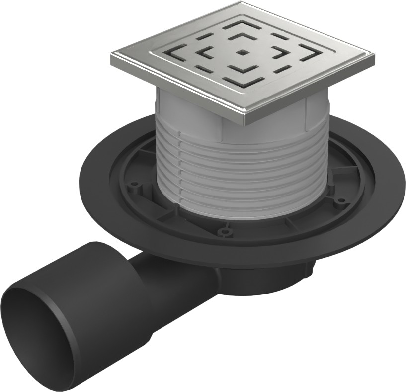 Floor drain with side outlet D50/75, NEPTUN, stainless steel grid LABYRINTH