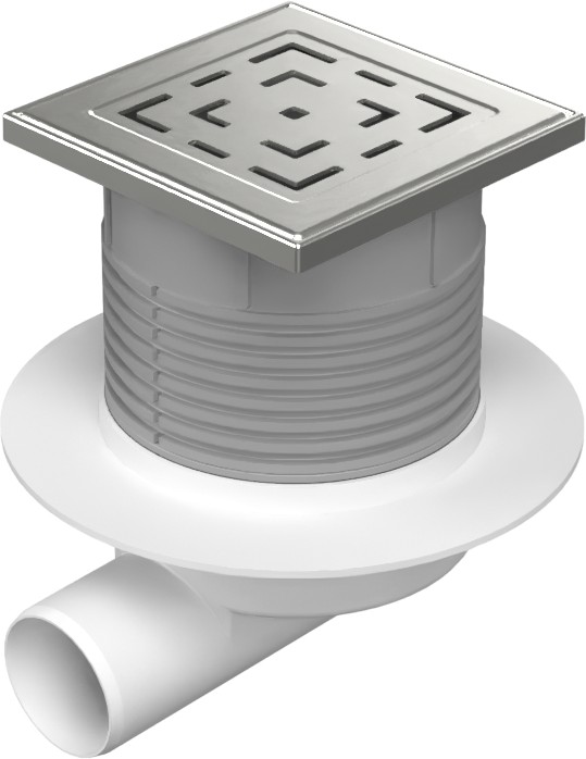 Floor drain with side outlet D50, NEPTUN, collar, stainless steel frame, grid LABYRINTH