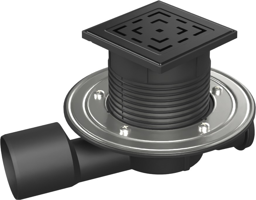 Multi-inlet floor drain black, side outlet D50/75, stainless steel flange, grid LABYRINTH black
