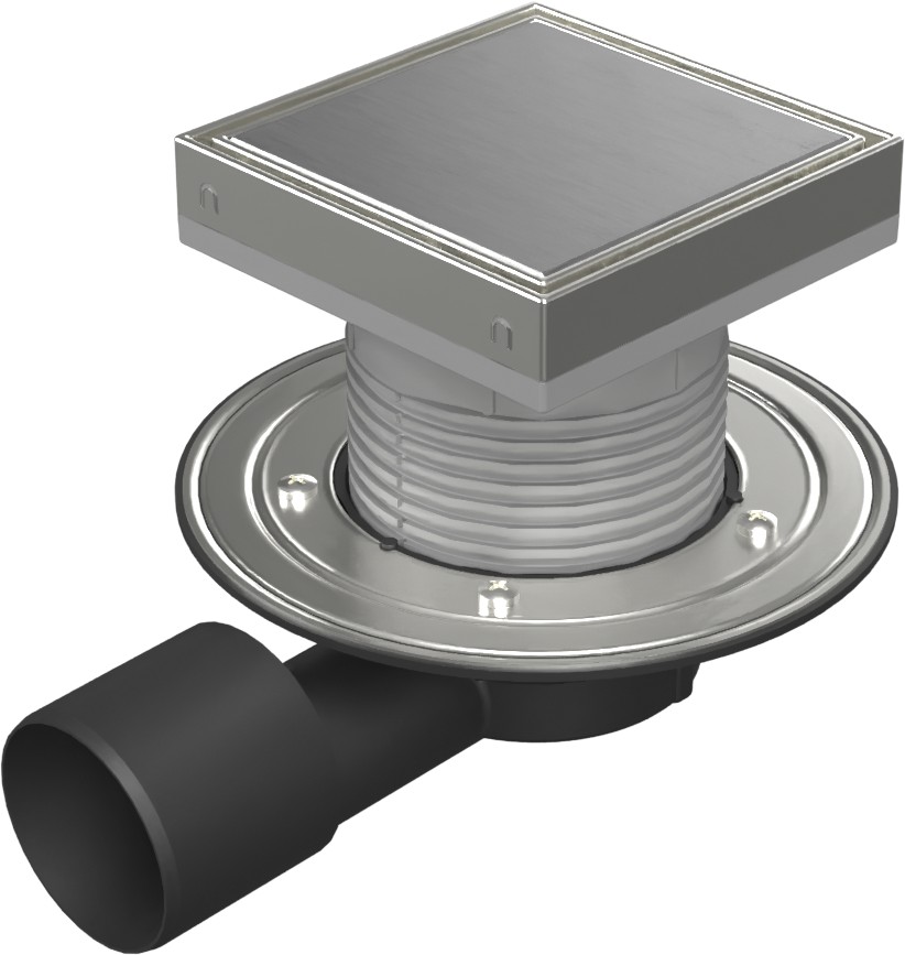 Floor drain with side outlet D50/75, NEPTUN, stainless steel flange, frame, grid STEEL 150