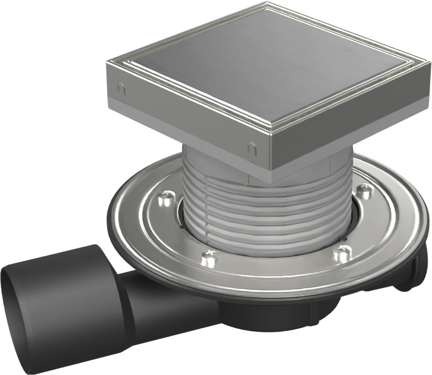 Multi-inlet floor drain, side outlet D50/75, stainless steel flange, frame, grid STEEL 150