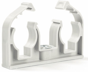 Double clamp D2x15 with clip and metalic nut, white (50 pieces)