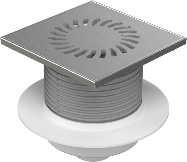Floor drain with bottom outlet D50, NEPTUN, collar, stainless steel frame 150 x150, grid SUN 5 mm