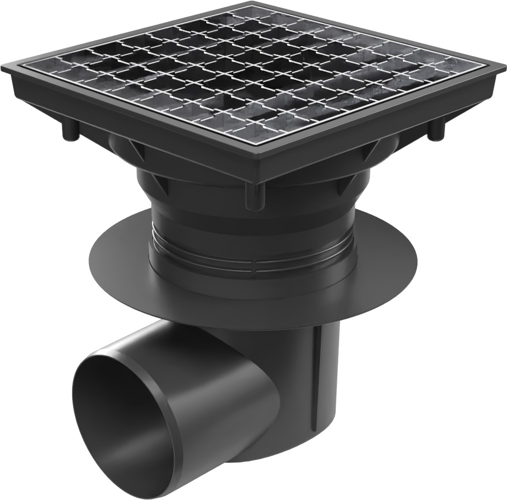Side street drain, outlet D110-250 water seal, collar, stainless steel grate