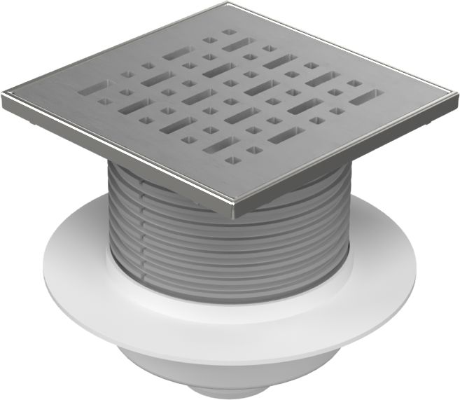 Floor drain with bottom outlet D50, NEPTUN, collar, stainless steel frame 150 x150, grid FACE 5 mm