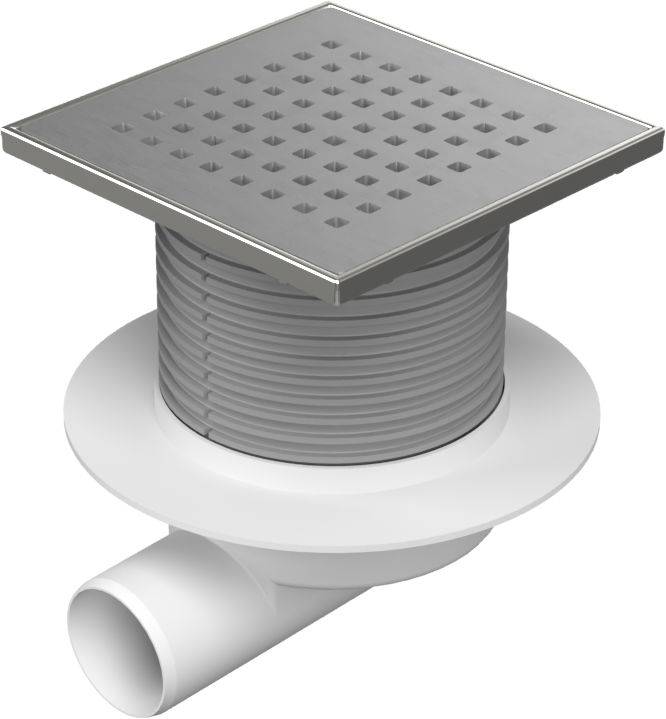 Floor drain with side outlet D50, NEPTUN, collar, stainless steel frame 150 x150, grid GATE 5 mm