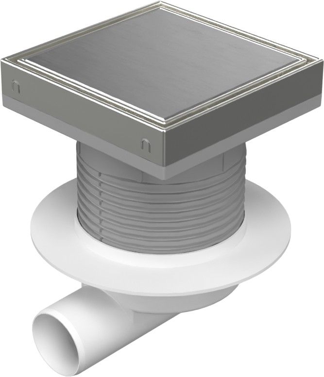 Floor drain with side outlet D50, NEPTUN, collar, stainless steel frame, grid STEEL 150