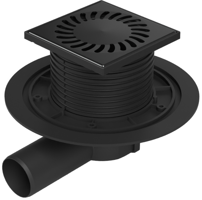 Floor drain with side outlet black D50, stainless steel grid SUN black