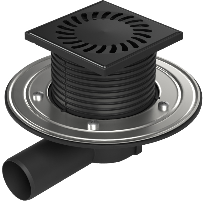 Floor drain with side outlet black D50, stainless steel flange, grid SUN black
