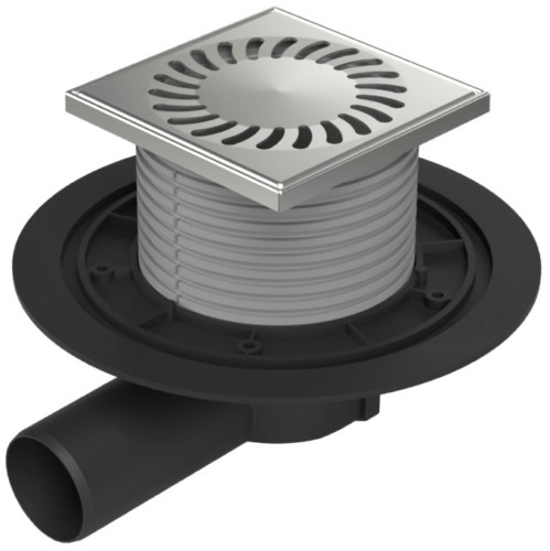 Floor drain with side outlet D50, stainless steel frame, grid SUN