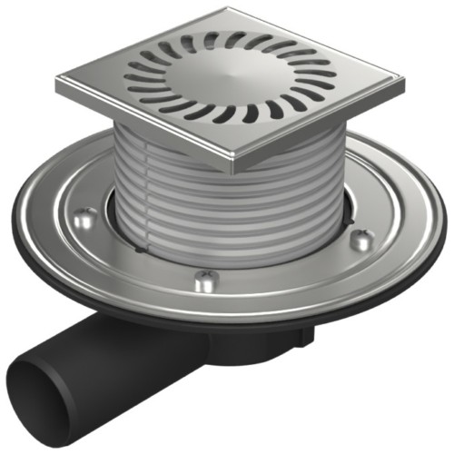 Floor drain with side outlet D50, stainless steel flange, frame, grid SUN