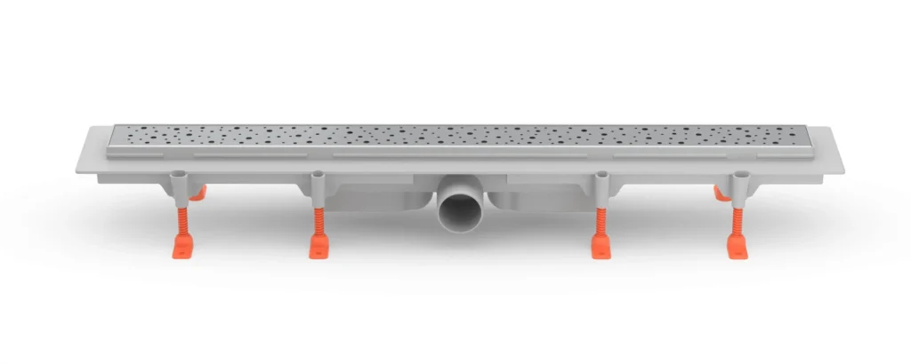 Linear floor drain 1050 mm, side outlet D50, plastic frame, DROPS gloss grate